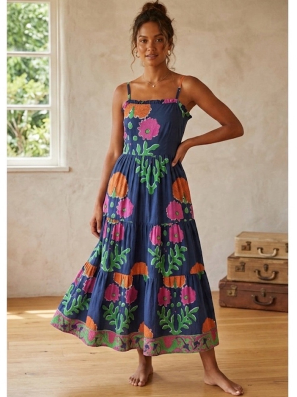 La Plage Navy Floral Tiered Maxi Sundress with Pink & Orange Blooms Small